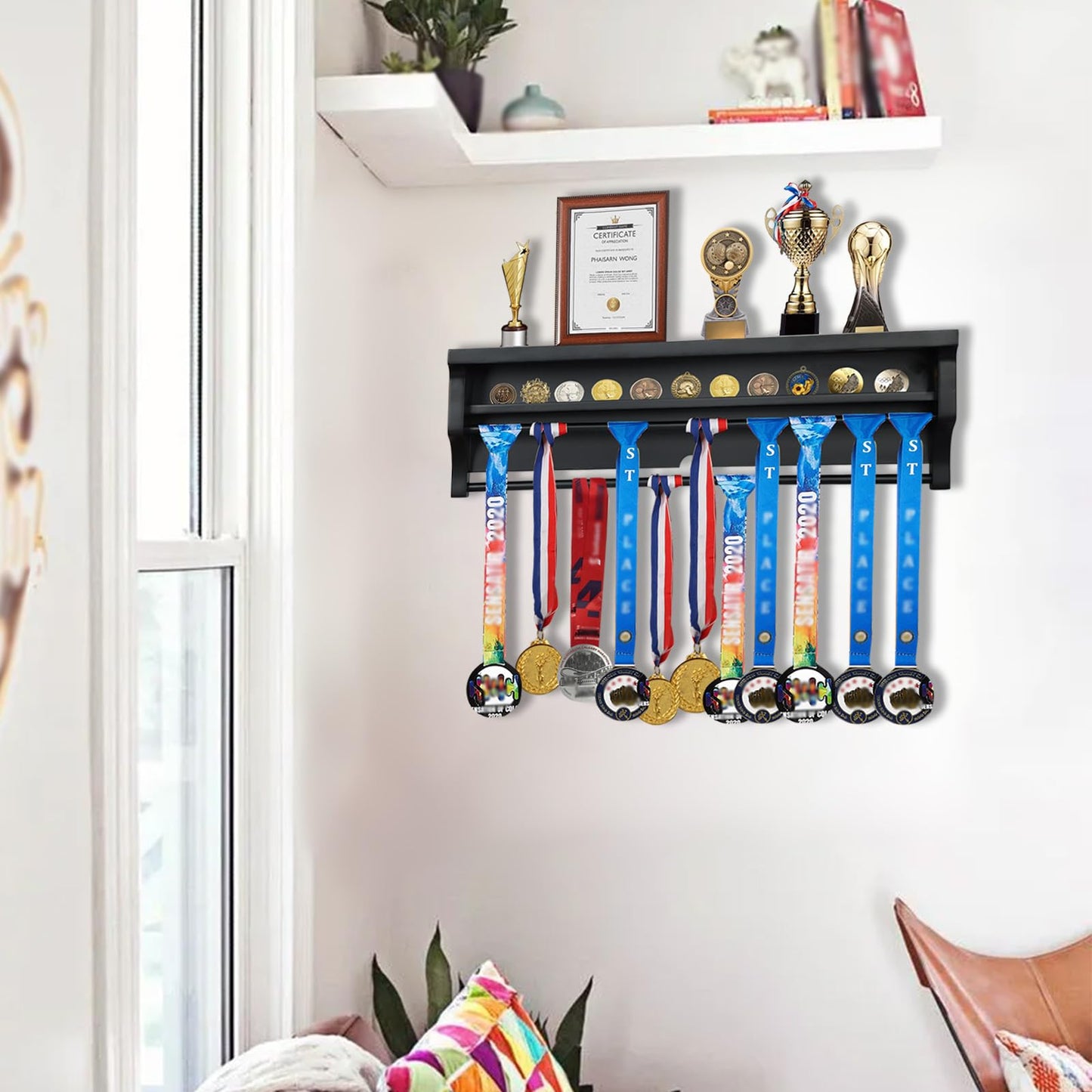 IHEIPYE Solid Wood Medal Hanger Display Shelf, Wall Mount Medal Rack Display Holder for Runners, Marathon, Race Winner, Soccer, Football, Gymnastics & All Sports - Black