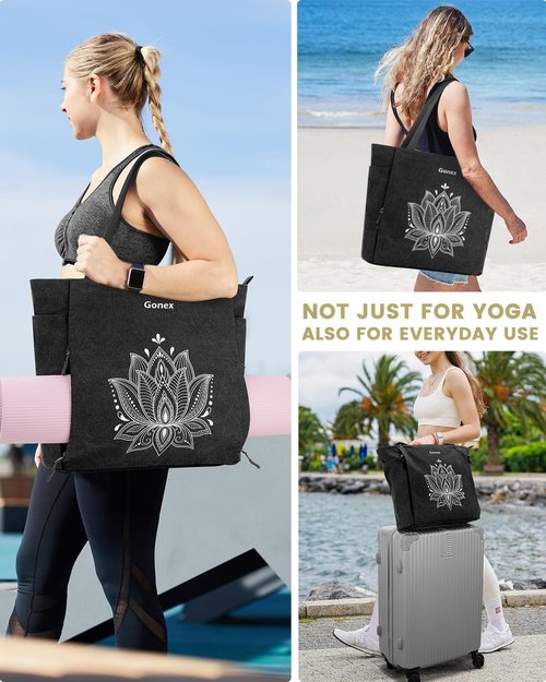 Gonex Yoga Mat Bag, Large Yoga Tote Bag with Multi Pockets for Women Men, Canvas Yoga Mat Carrier Fits Yoga Blocks & Accessories, Full Zipper Easy Access for Pilates, Gym, Travel, Black, Large