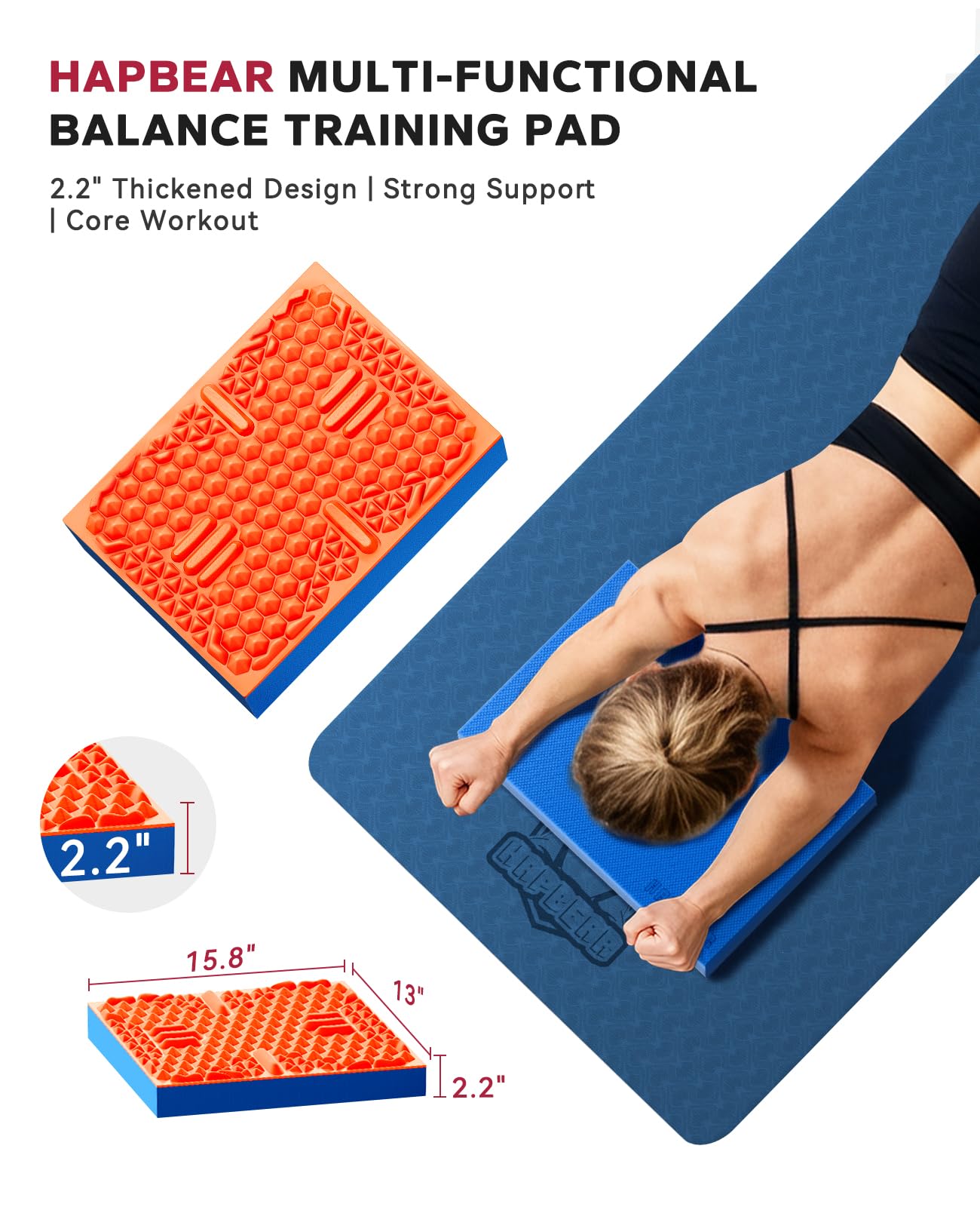 HAPBEAR Exercise Balance Pad - 15"x12" Non-Slip Textured Foam Pad with 2-in-1 Stability, 2.2" Thick TPE & EVA with Soft Cushioning for Adults, Physical Therapy Core Training - Blue