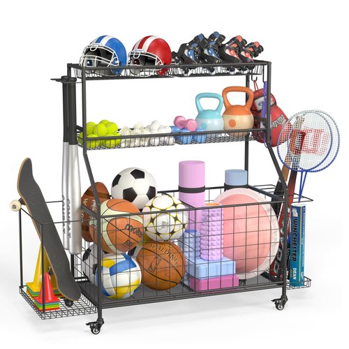 Sports Equipment Organizer, Garage Ball Storage Racks - Outdoor Toy Storage with 2 Side Racks & Removable Baskets, Heavy-Duty Garage Rolling Ball Cart with Wheels, Hooks for Sports Gear, Toys