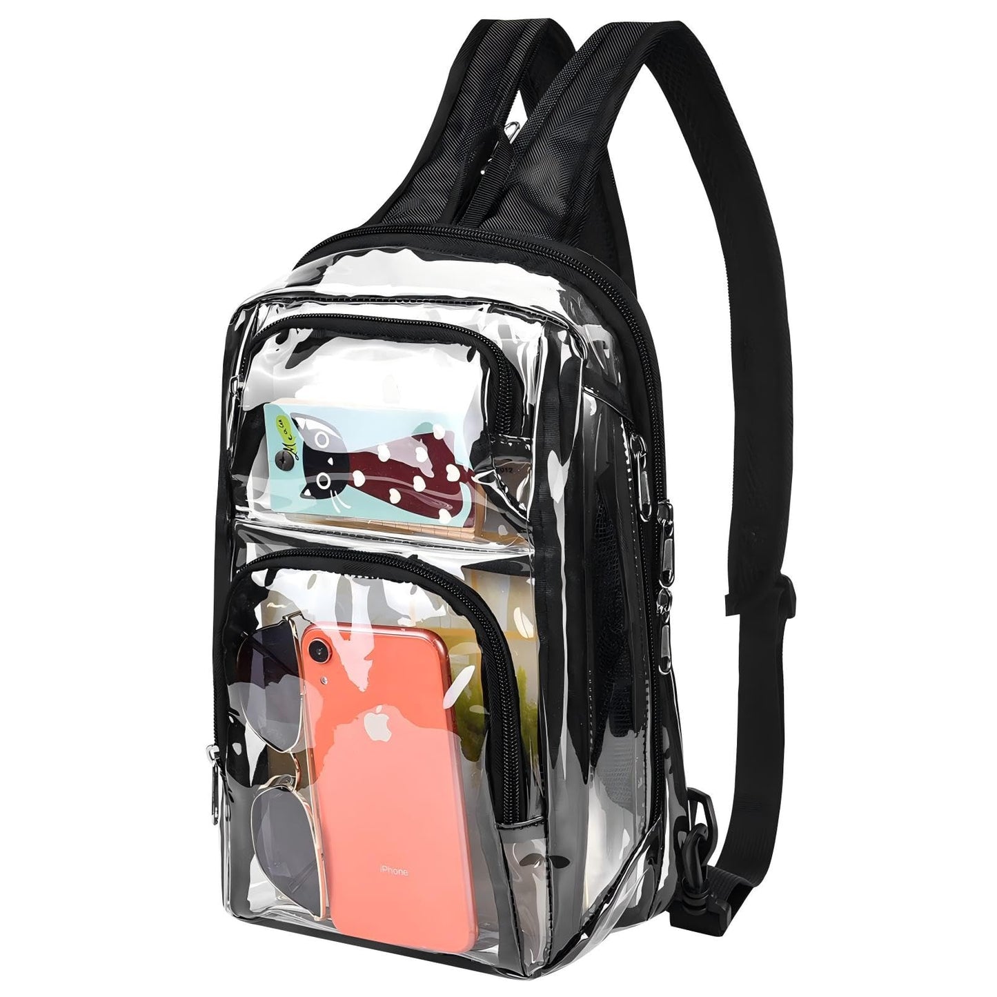 BEHDRE Clear Backpack Stadium Approved 12×12×6 with Breathable Shoulder Straps, Clear Sling Bag for Stadium Work Concert Festival - Black
