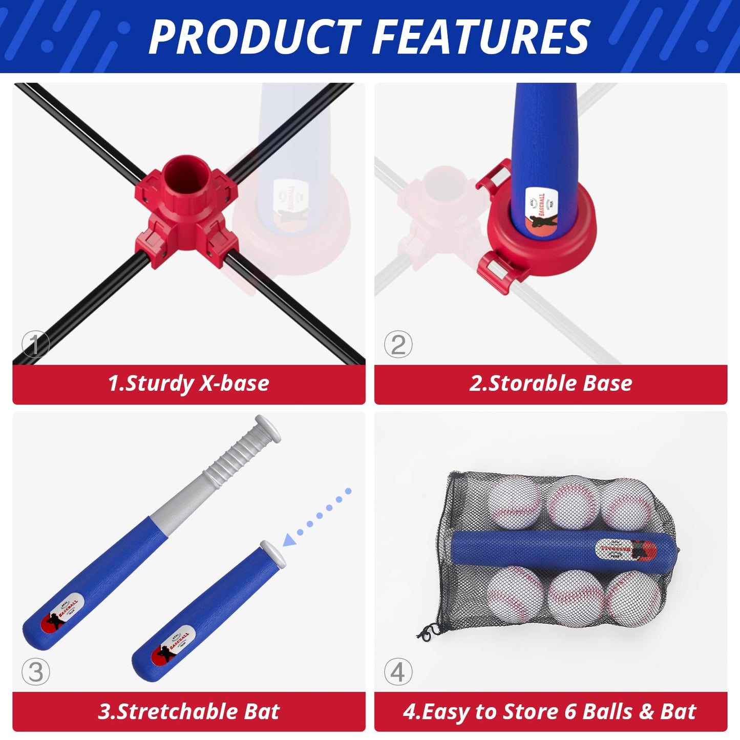 HYES 3-in-1 Baseball Set for Kids 3-5 - Tee Ball Stand, Hanging Tee, Ball Launcher and 6 Softballs - Adjustable Height, Indoor/Outdoor Sport Gifts for Boys Girls, Blue