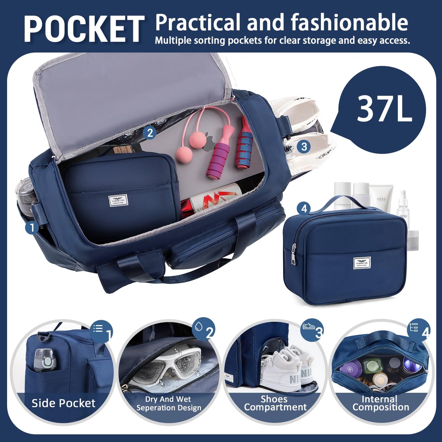 FIORETTO Women's Gym Duffle Bag with Shoes Compartment, 30L Capacity, Ideal for Travel, Gym, Sports, Duffel, Weekender, with Toiletry Bag, Navy Blue