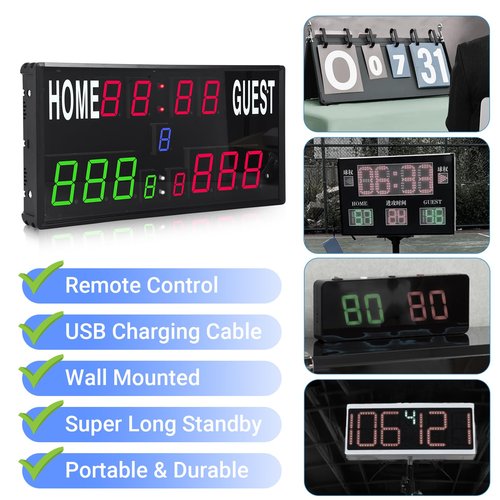 Samshow 2025 LED Electronic Scoreboard Digital Score Keeper with Remote, Basketball Scoreboard with Shot Clock & Timer & 12/24h Real Time for Football/Corn Hole/ping Pong/Table Tennis