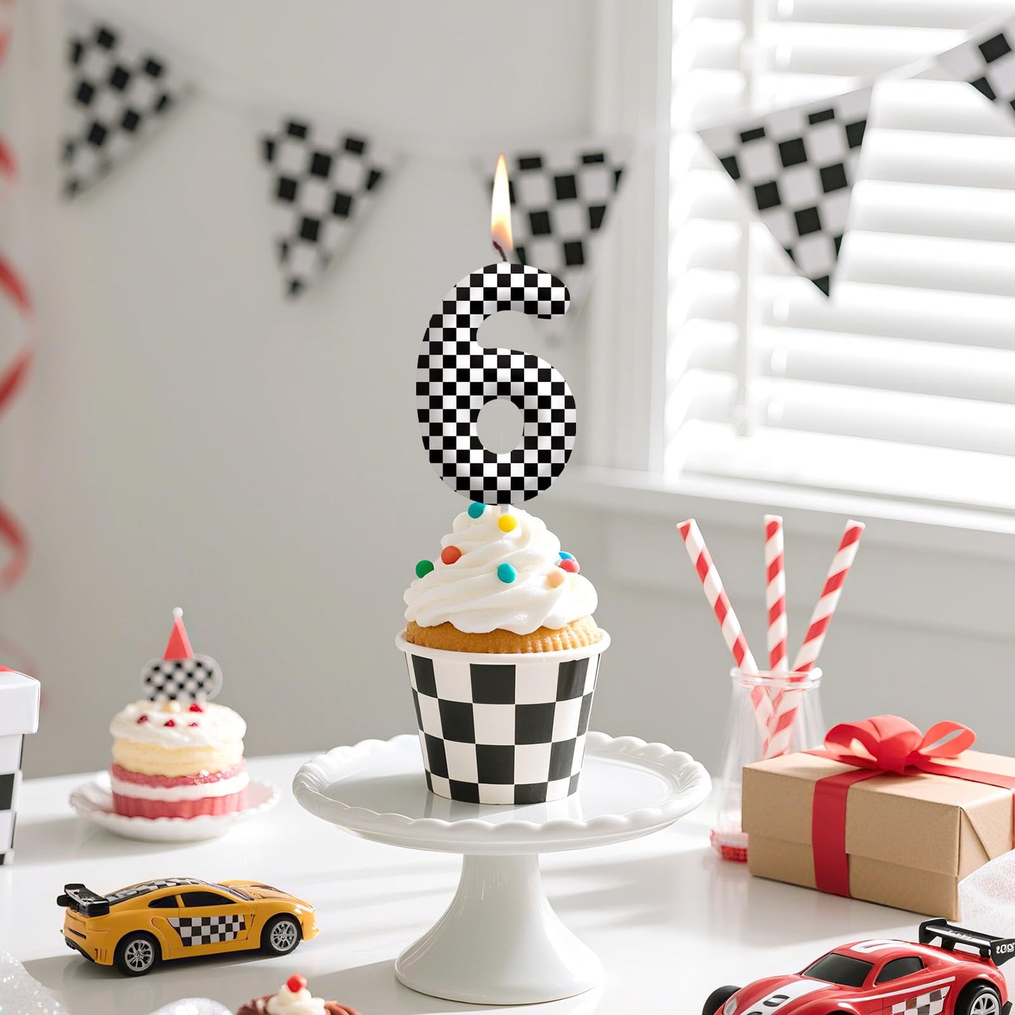 Racing Cars Number 70 Birthday Candles, Black White Checkered Flag Themed Cake Topper for Boys Girls, Cake Decorations for Birthdays, Race Car Theme Party Supplies, Candles for Party Decorations