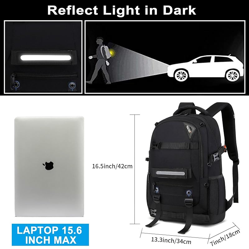 Skateboard Backpack with Laptop Compartment | Anti-Theft Hidden Pockets, Waterproof 15.6" Black