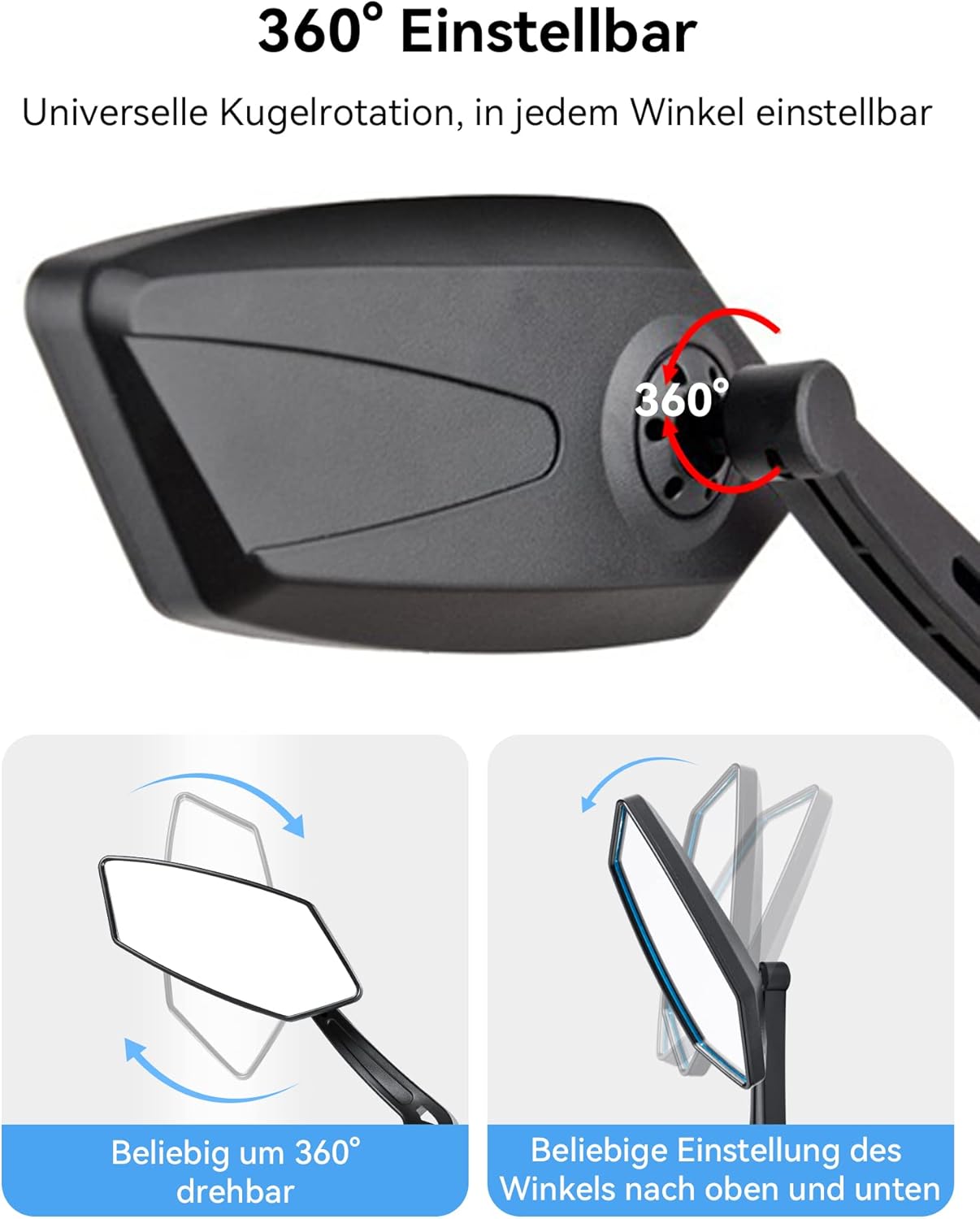 2pcs Bike Mirror Handlebar Mount 360° Adjustable, Wide Rear View Mirror Bicycle Mirrors for Handlebars with Scratch Resistant Glass, Bike Rear View Mirror for Scooter, Motorcycle, Bike Accessory