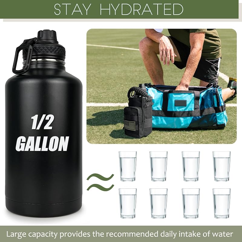 DEFUNX 64 oz Half Gallon Insulated Water Bottle with Sleeve & Strap - All Black