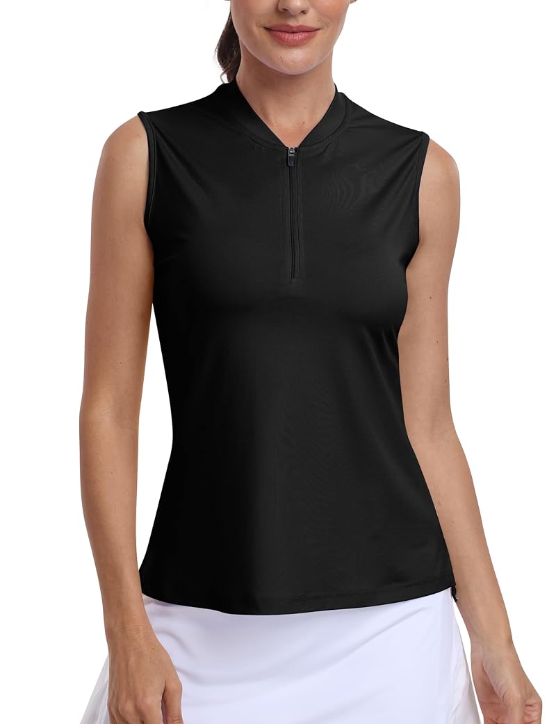 MoFiz Sleeveless Polo 1/4 Zip Collarless Golf Top - Black, Small