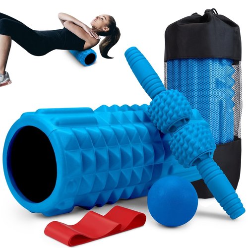 Krightlink 5-in-1 Foam Roller Set, Massage Roller Stick, Massage Ball, Resistance Band for Deep Muscle Massage, Trigger Point Release, Pilates, Yoga (Blue)