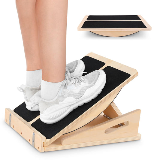 2-in-1 Slant Board&Professional Wooden Balance Board for Calf Stretching, Adjustable Wooden Incline Board, 200 Lbs Weight Capacity Calf Stretch Wedge for Exercise with Training Poster
