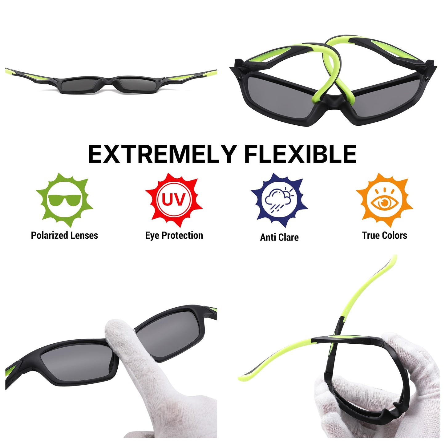 Pro Acme Kids Baseball Sports Polarized Sunglasses with Strap Unbreakable Flexible for Youth Boys Girls Age 4-12(A05 Green Frame/Gray Lens)
