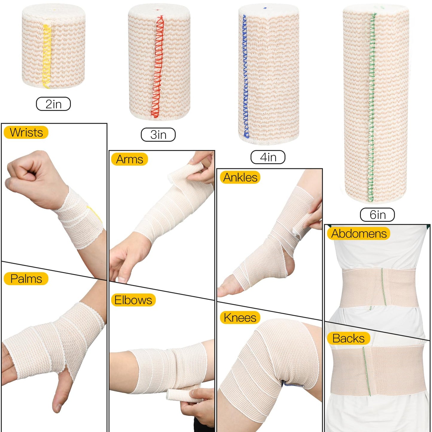 2 Pack 4" Premium Elastic Bandage Wrap, Reusable Hook and Loop Compression Wrap Bandage for Knees, Ankles, Wrists, Legs, Body
