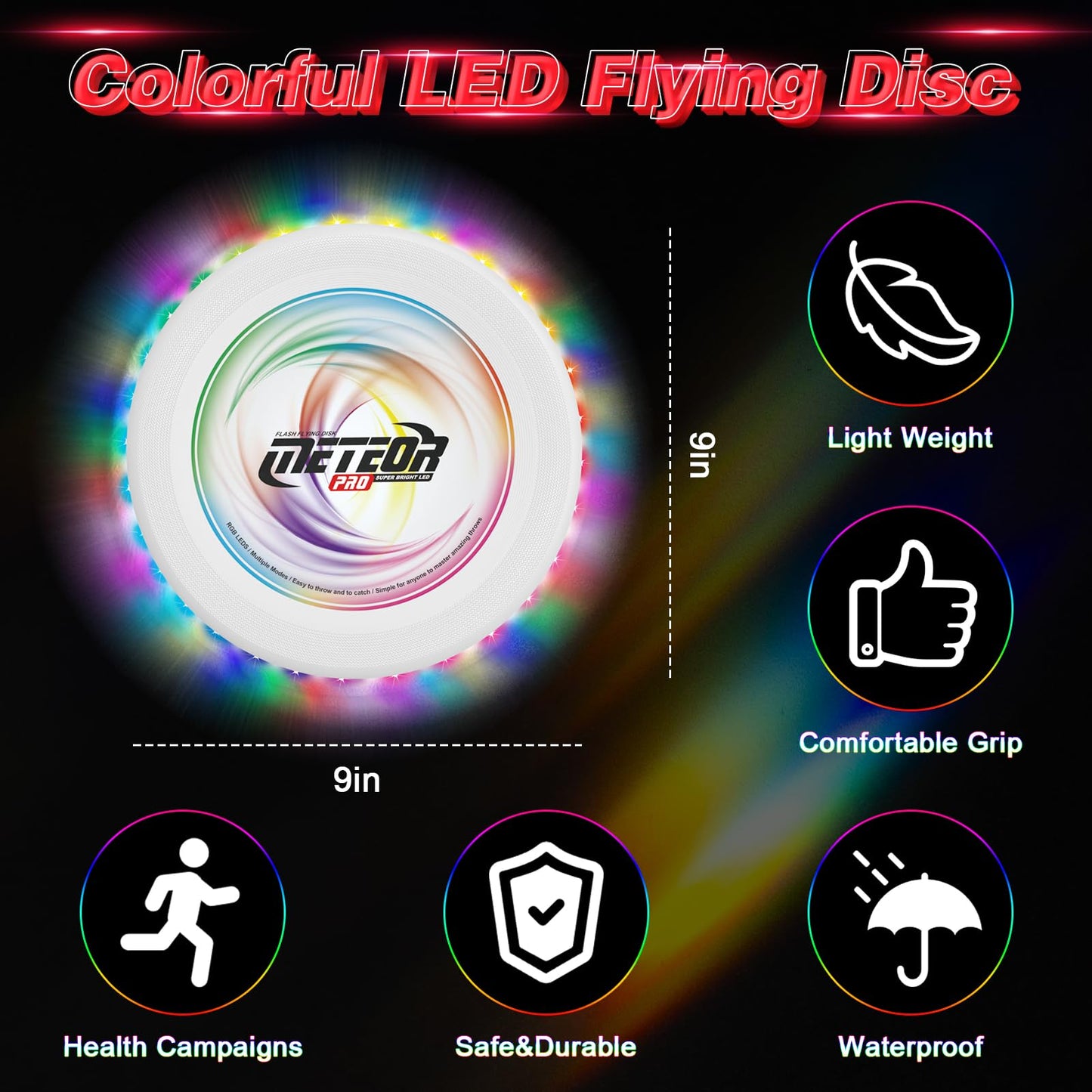 Light up Flying Disc-16 Millions Colors, 48 LEDs & 13 Light Modes, LED Flying Disc for Adults, Kids & Teens, Glow in the Dark Flying Ring, Party Toy Christmas Birthday Gift, Age 6+ (white, 9in)