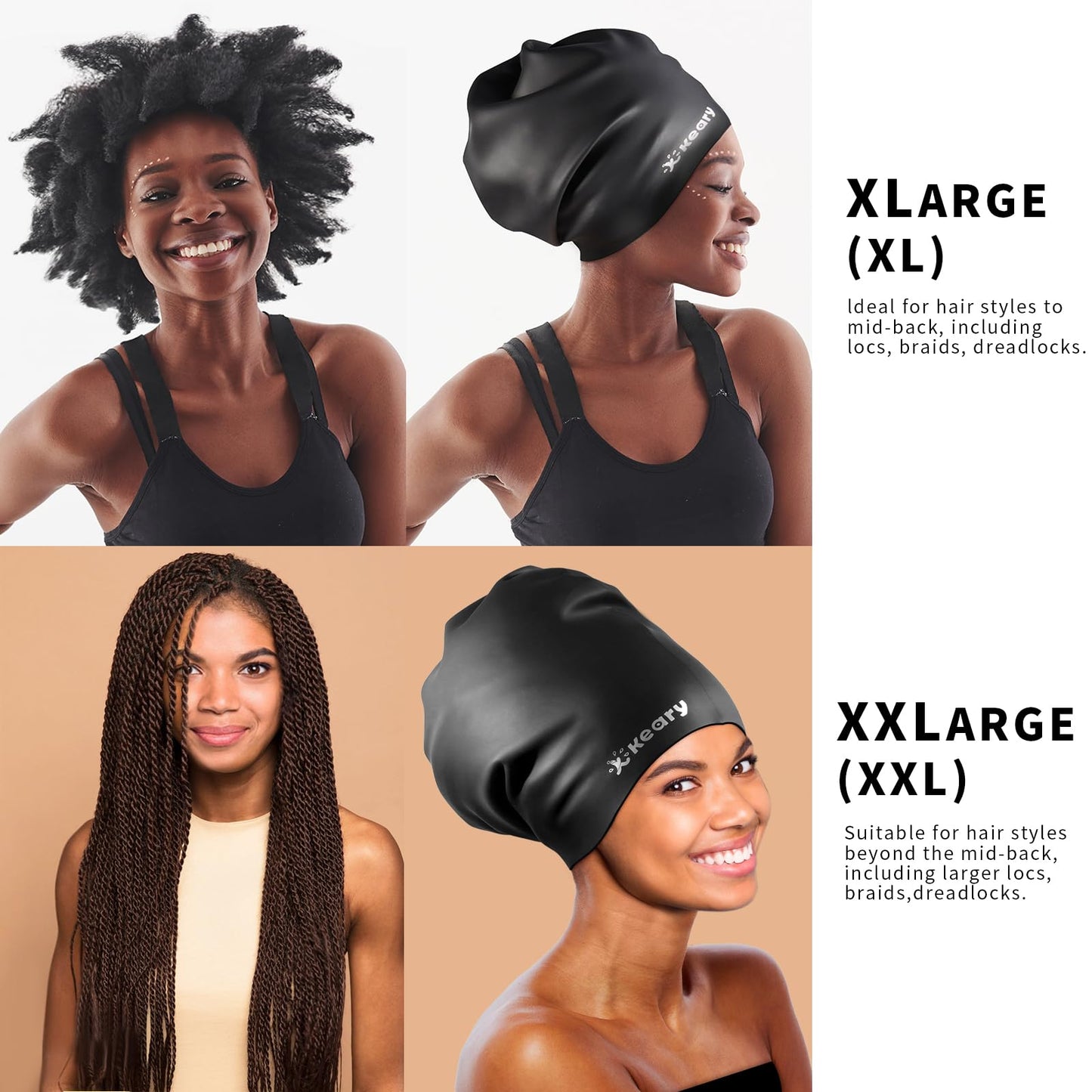 Extra Large Swim Cap for Braids and Dreadlocks Afro Hair Weaves Long Hair, Waterproof Silicone Cover Ear Bath Pool Shower Swimming Cap for Women Men Youth Adult Kids Girl to Keep Hair Dry, Black