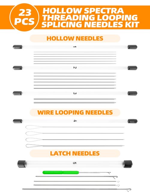 BLUEWING Hollow Spectra Threading Looping Splicing Needles Kit 23pcs Stainless Steel Fishing Rigging Needle Set, 6in