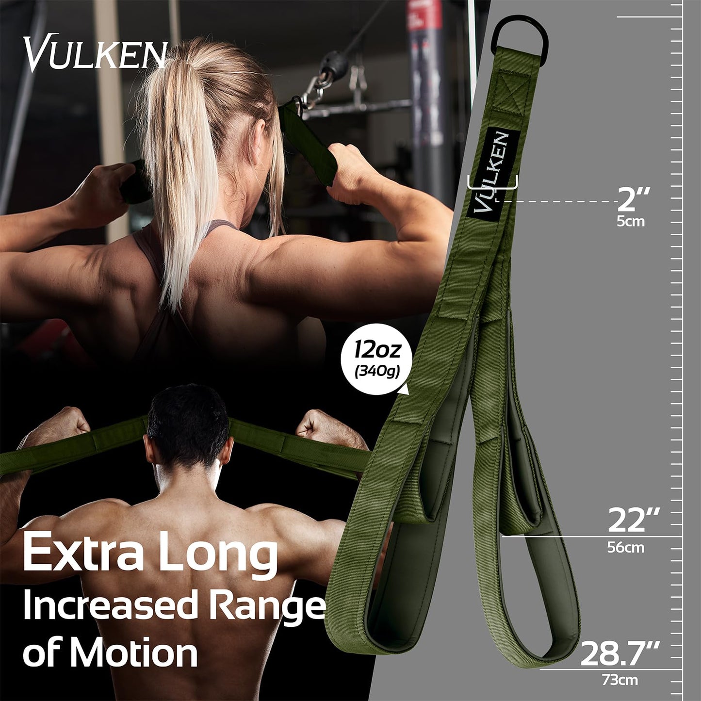 Vulken Tricep Rope Cable Attachment, 28.7 Inch & 22 Inch Two Lengths Built in One Pull Down Rope, Triceps Extension Straps Gym Equipment, Home Workout Handles for Resistance Bands, Green