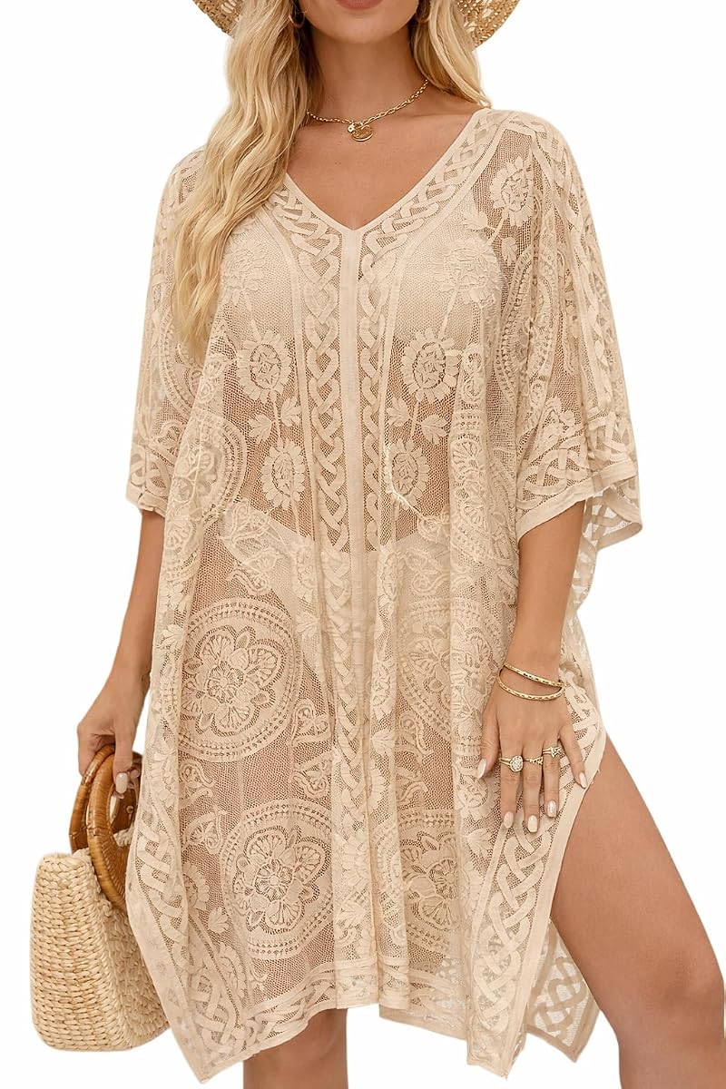 Beige Lace Beach Cover Up Dress for Women – One-Size, V-Neck, Quick-Dry