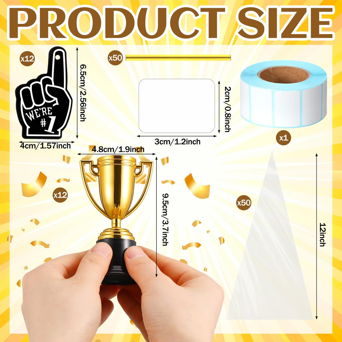 Blulu 12 Pcs Mini Trophies Gold Trophy Award End of Year Students Gifts Plastic Trophy 4 Inch Award Trophies with 1 Roll of Labels 50 Bags 50 Cable Ties 12 Cards for Sports Party Gifts