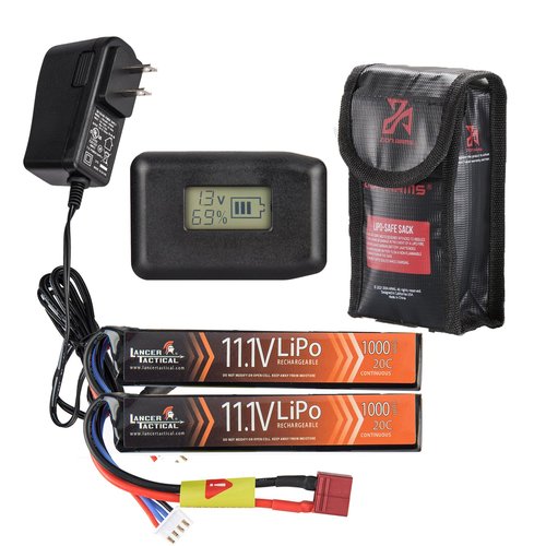 Lancer Tactical Airsoft LiPo Battery Charger Combo-Two Pack of 11.1v 1000mAh Stick Battery & Lipo Balance Charger w/LCD Screen (Safety Charging Bag Included) Dean/Tamiya (Dean)