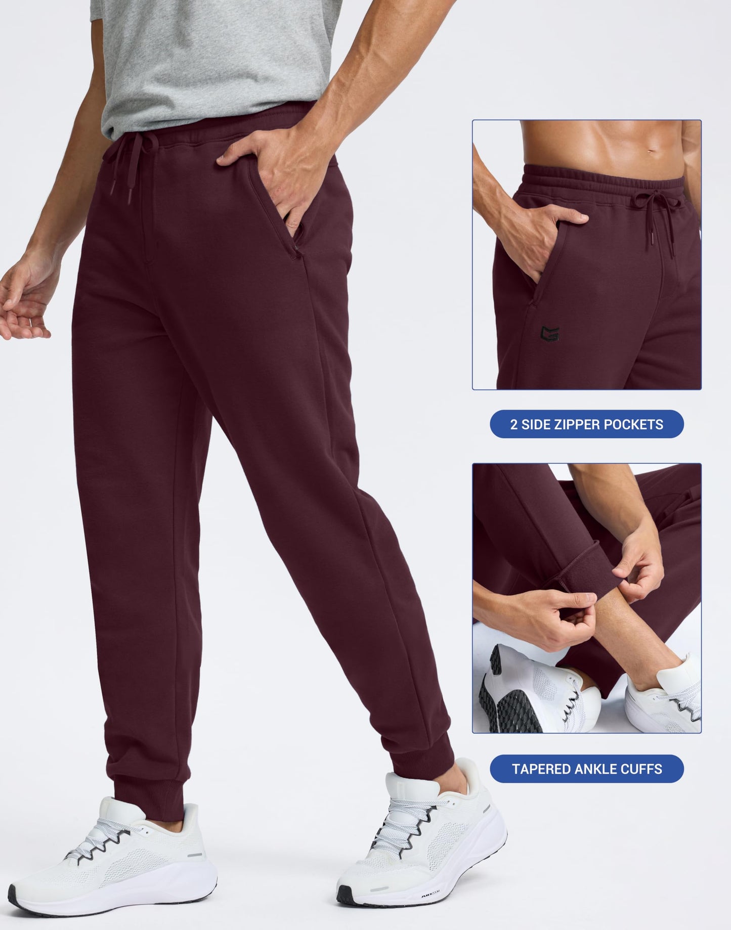 G Gradual Men's Cotton Fleece Lined Joggers with Zipper Pockets Athletic Running Workout Gym Sweatpants Winter Warm Pants Wine