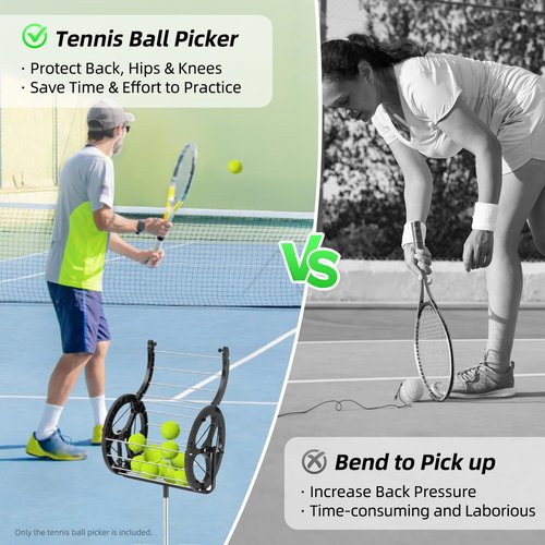 Gdrasuya10 2-in-1 Tennis Ball Picker Ball Hopper (80 Balls Capacity) Ball Collector Roller Retriever with Handle Adjustable Height No Bending Down Tennis Court Equipment/Accessory