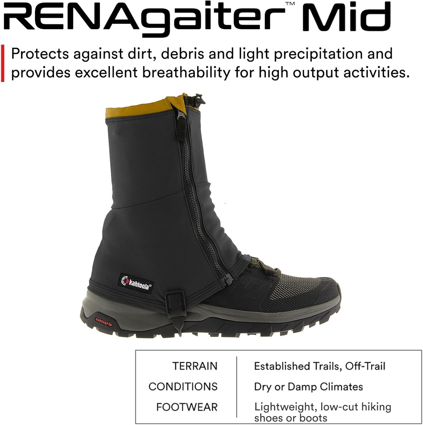 Kahtoola RENAgaiter Mid Gaiters for Hiking, Mountaineering, Trail Running, Shoe & Boot Protection in Mud, Snow & Ice