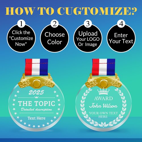 Custom Medals for Awards Personalized Engraved Crystal Medal with Text Name MVP Metal Award Medals-Winner Gold Prizes with Neck Ribbons for Sports Competitions Participation Contests Academic Students