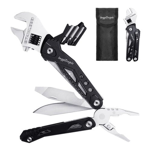INYPTROPIC Multitool Wrench With 14 Tools/Pliers/Wire Cutter Gift for Dad.Portable Folding Multifunctional Pocket Knife Adjustable Multi Purpose Stainless Steel Tool (Silver black)
