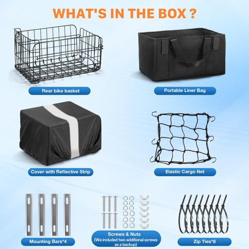 ONZILLO Bike Basket Rear, Bicycle Basket Foldable with Rainproof Cover and Removable Liner Bag, Metal Electric Basket for Adult Women Men Carrying Small Dogs Cats Pets, Grocery, 14.9"×10.7"×8.4"