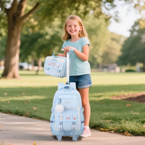 DIGOBAY Rolling Backpack for Girls, Roller School Bag with Wheels, Wheeled Backpacks with Lunch Bag Pencil case for Elementary School Bookbags with Cute Pins Blue