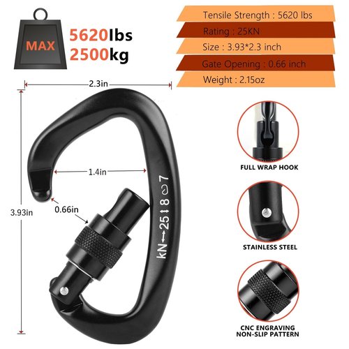 Climbing Locking Carabiner Clip Rappelling - Thorn 25KN Heavy Duty Large Screwgate Carabiners Clips for Rock Climbing,Mountaineer,Hammock,Camping,Gym,Black Pack of 5