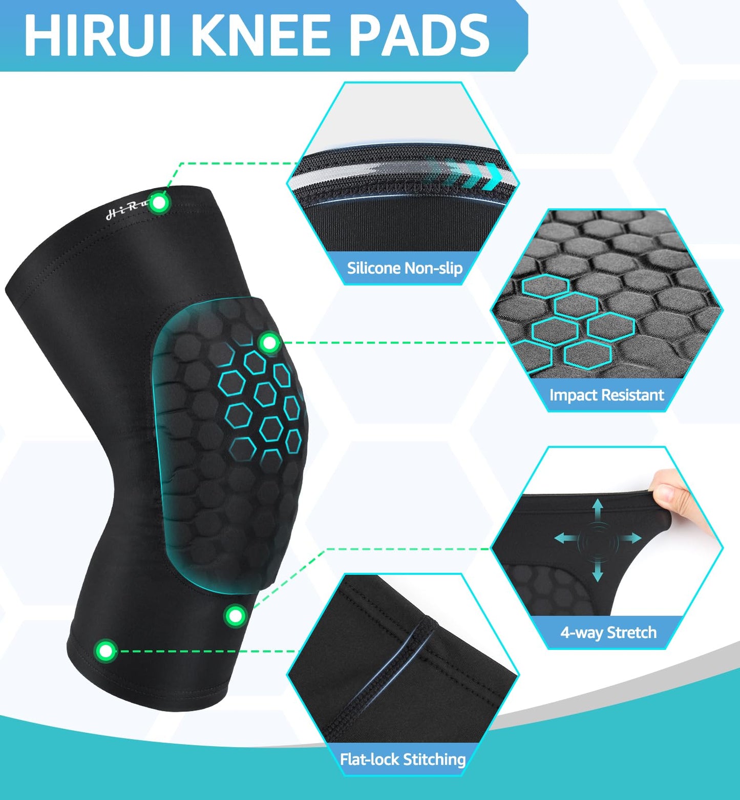 HiRui Knee Pads for Kids Youth Adult, Basketball Baseball Knee Brace Knee Support, Collision Avoidance Kneepad Compression Knee Sleeve for Volleyball Football Cycling Running-1Pair (Black, M)