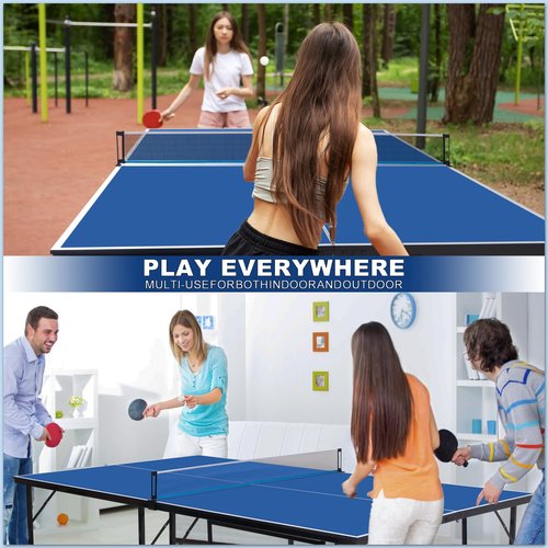 Ping Pong Table Set for Indoor, 9FT Foldable Table Tennis Table with Net, 2 Paddles, 2 Balls, Steel Outdoor Ping Pong Net Set & Frame, Multi Use Conference Table Dining Table