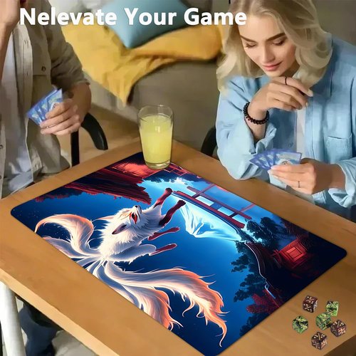 for MTG Game Playmat - 24 x 14 inches with Dices and Storage Bags, Non-Slip Base for TCG and Board Game Card Mats, Trading Card Games Mat, Nine-Tailed White Fox Pattern Collectible Card Playmats