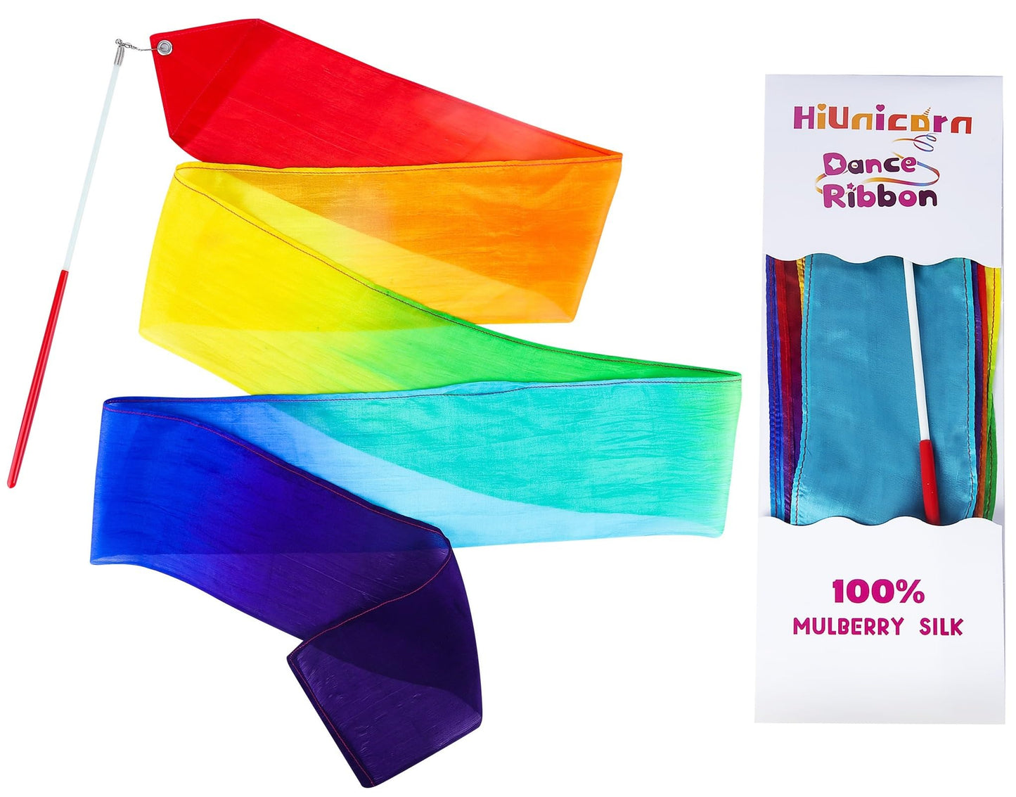 HiUnicorn 100% Silk Dance Ribbons Rainbow Streamers, Ribbon Dancer Wand for Kids Gymnastics Dance Party Favor Decoration, Praise Church Worship Flags, Play Silks Toys for Toddlers