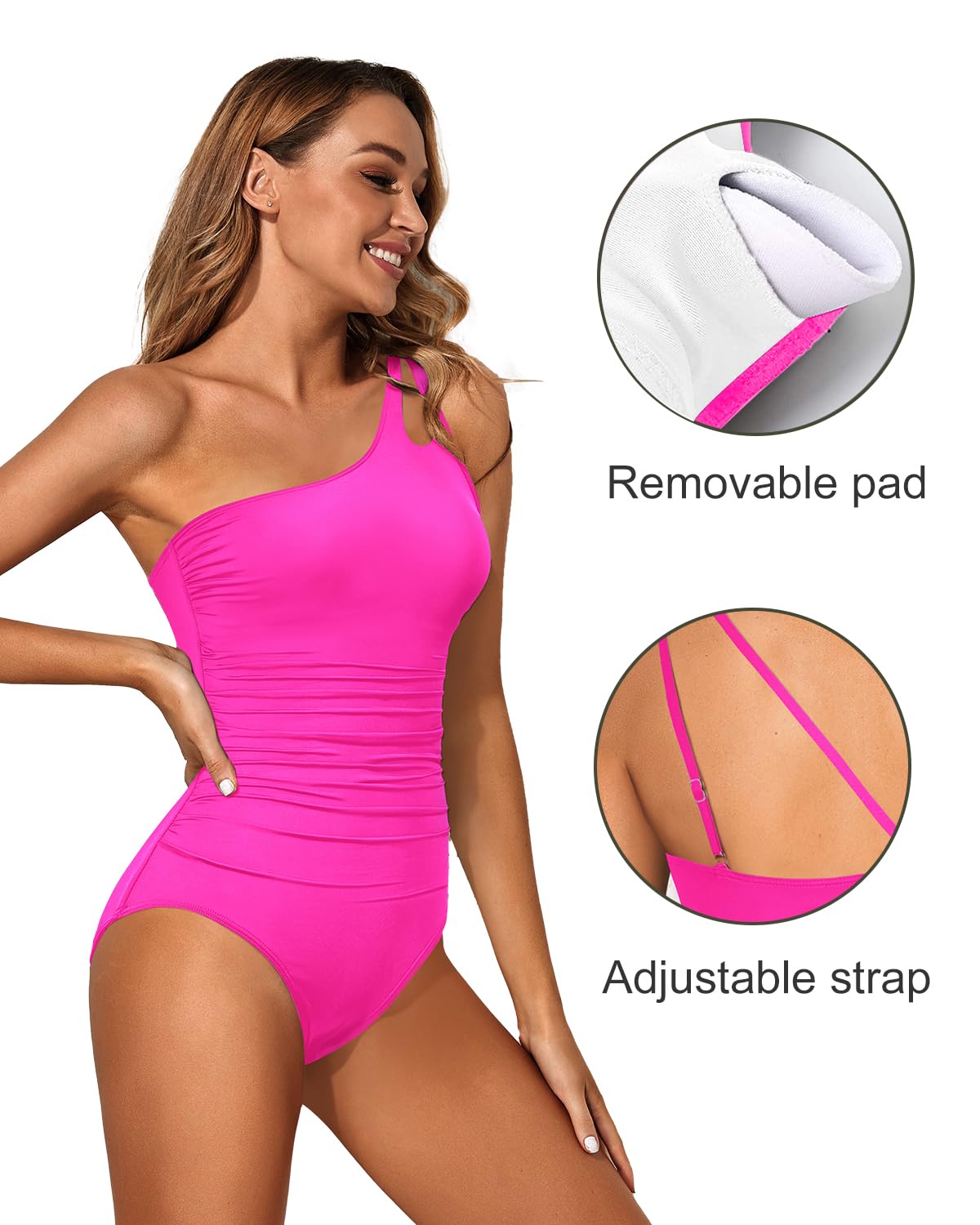 Holipick One Shoulder One Piece Swimsuit for Women Tummy Control Bathing Suits Modest Full Coverage Keyhole Swimwear Hot Pink