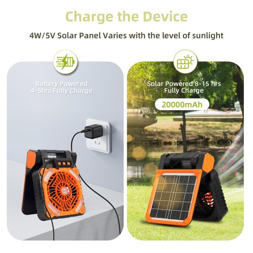 XGRTHREEH Camping Fan Rechargeable Battery Solar Fan for Outside Home with LED Lantern Solar Powered Fan Portable, Timer,4 Speeds, 90° Adjustable Solar Panel Fan 36H Run Time Max USB Charging Outdoor