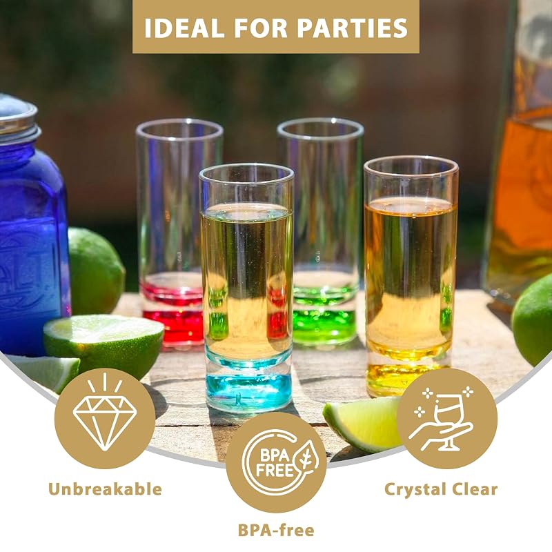 Multicolor Unbreakable 2oz Shot Glass Set of 4 - Heavy Base, BPA-Free Plastic