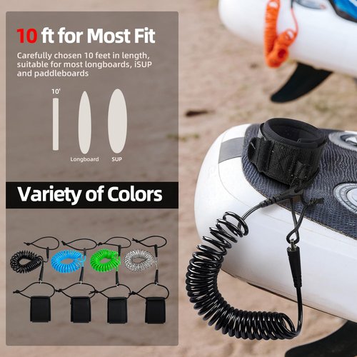 Abahub Coil SUP Leash, 10 ft Lite Coiled Paddle Board Leashes, 5mm Thick Legrope Strap for Longboard Surfboards, Stand-up Paddleboards, iSUP Replacement Leg Rope,Black