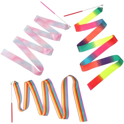 MBAIYO Gymnastics Dance Ribbon, 3pcs Rainbow Dance Twirling Streamers with Sticks 78.7 Inch 3 Color Rhythmic Gymnastics Wand for Artistic Dancing, Outdoor Play, Kids Adults Talent Shows
