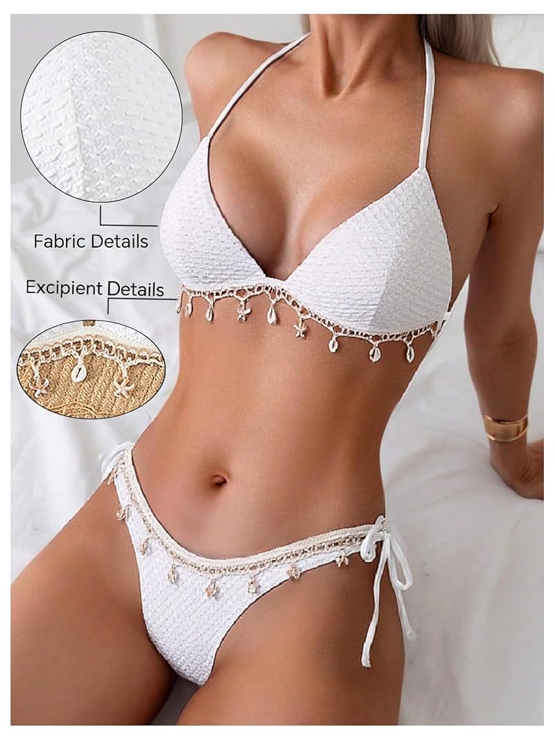 Push Up Seashell Bikini Set for Women - Textured Triangle Top & Low Waist Bottom, White, Small