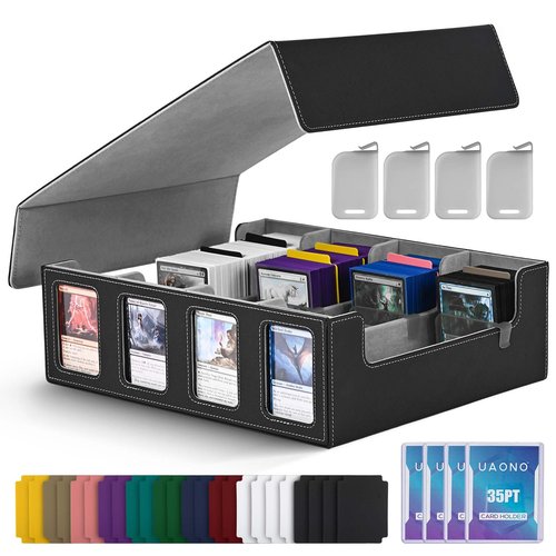 UAONO Trading Card Storage Box with Commander Display; 2400+ Deck Box for MTG with Removable Cover; Toploader Card Case fits Magic TCG PTCG Sports Cards; 24 Dividers, 4 Stoppers (Black, Grey)