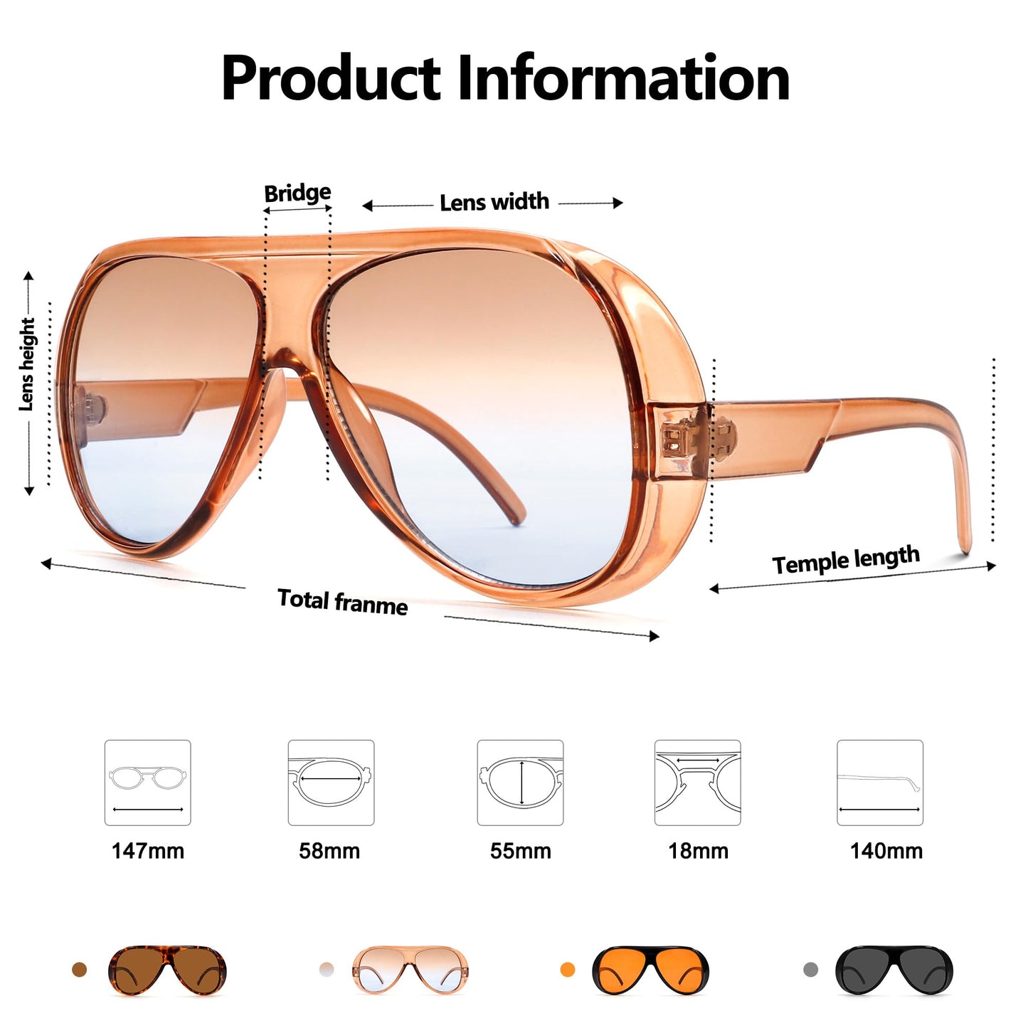 TYA Trendy Aviator Sunglasses for Women Men, Retro 70s Sun Glasses, Oversized glasses UV400 Blue Gradient Brown