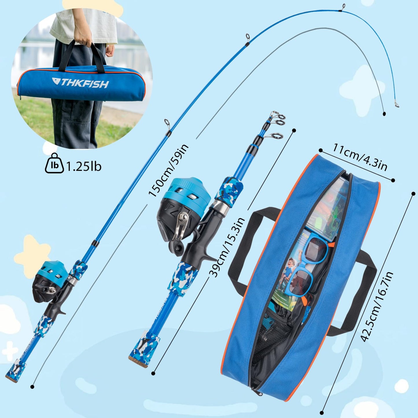 Kids Fishing Pole Set, Telescopic Fishing Rod Reel Combo Kids Starter Kit with Lures Tackle Box, Sunglassed and Portable Bag for Boys Girls Younth