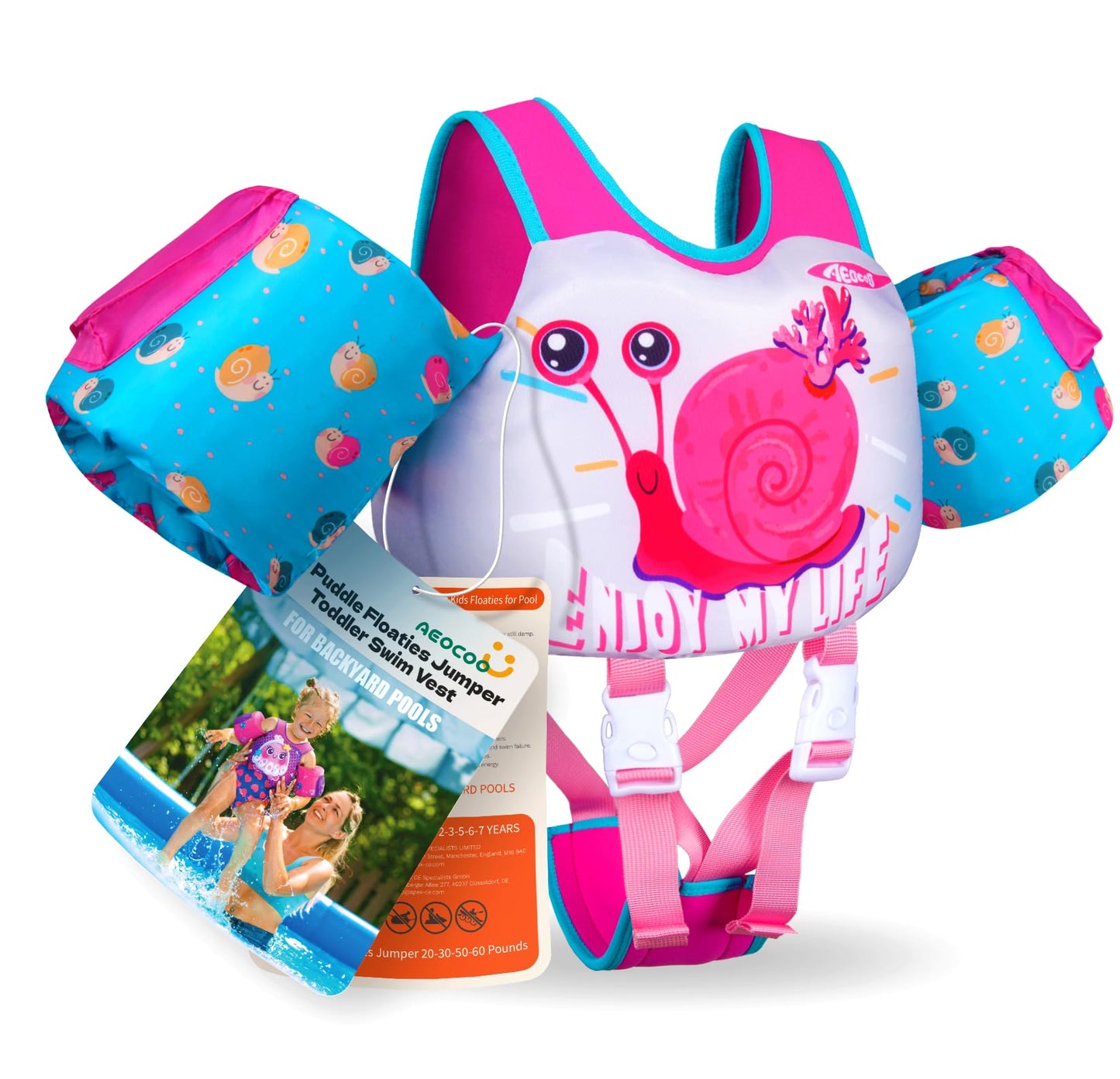 Toddler Swim Vest for 2-7Y, 20-50 lbs, Kids Floaties with Shoulder Harness & Adjustable Crotch Strap & Arm Water Wings for Boys and Girls, Snail