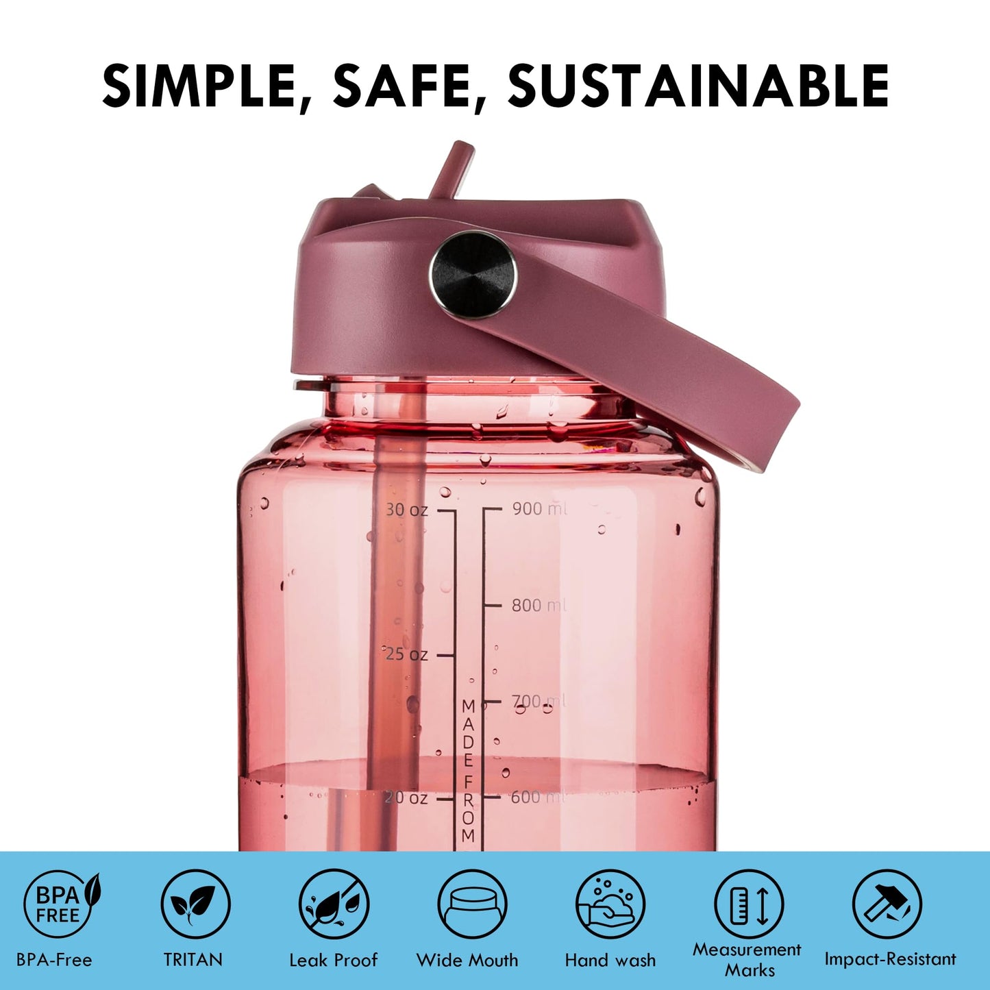 OLDLEY 32oz Water Bottle with Straw, Leakproof Tritan Clear Bottle with Marked Bottle and Carry Handle, BPA-Free Wide Mouth Reusable Sports Water Bottle for Gym,Hiking, Camping,Travel,Workout,Red