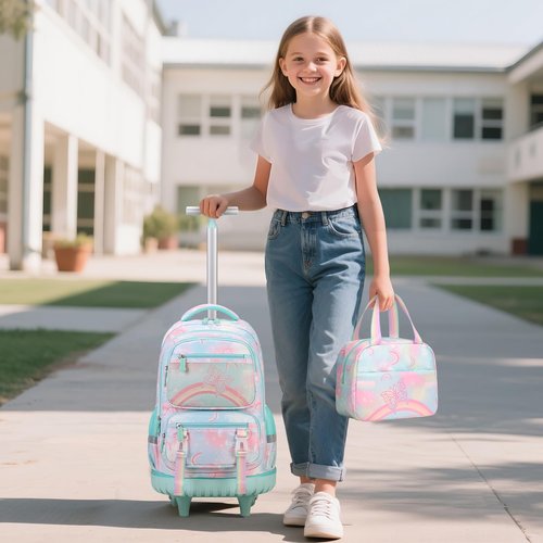 Scothen Rolling Backpack for Girls, 3PCS Roller School Backpacks for Girls with Lunch Bag and Pencil Pouch, Kids Bookbag Schoolbag with Wheels for Teen Girl Kindergarten Elementary Middle School
