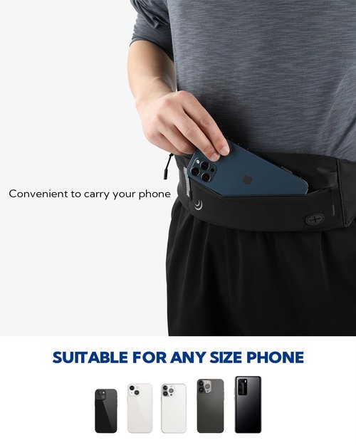 WATERFLY Running Belt Fanny Pack: Runner Marathon Jogging Waist Pack Sport Workout Exercise Fitness Phone Holder Belt for Men Women Jogger Slim Waistband Black