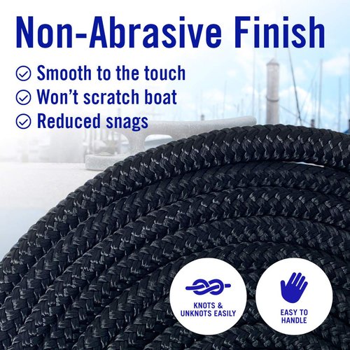 Dock Lines Boat Ropes for Docking, 3/8" Double Braided Mooring Marine Rope, 15ft Nylon Rope with Loop, Black, 2 Pack